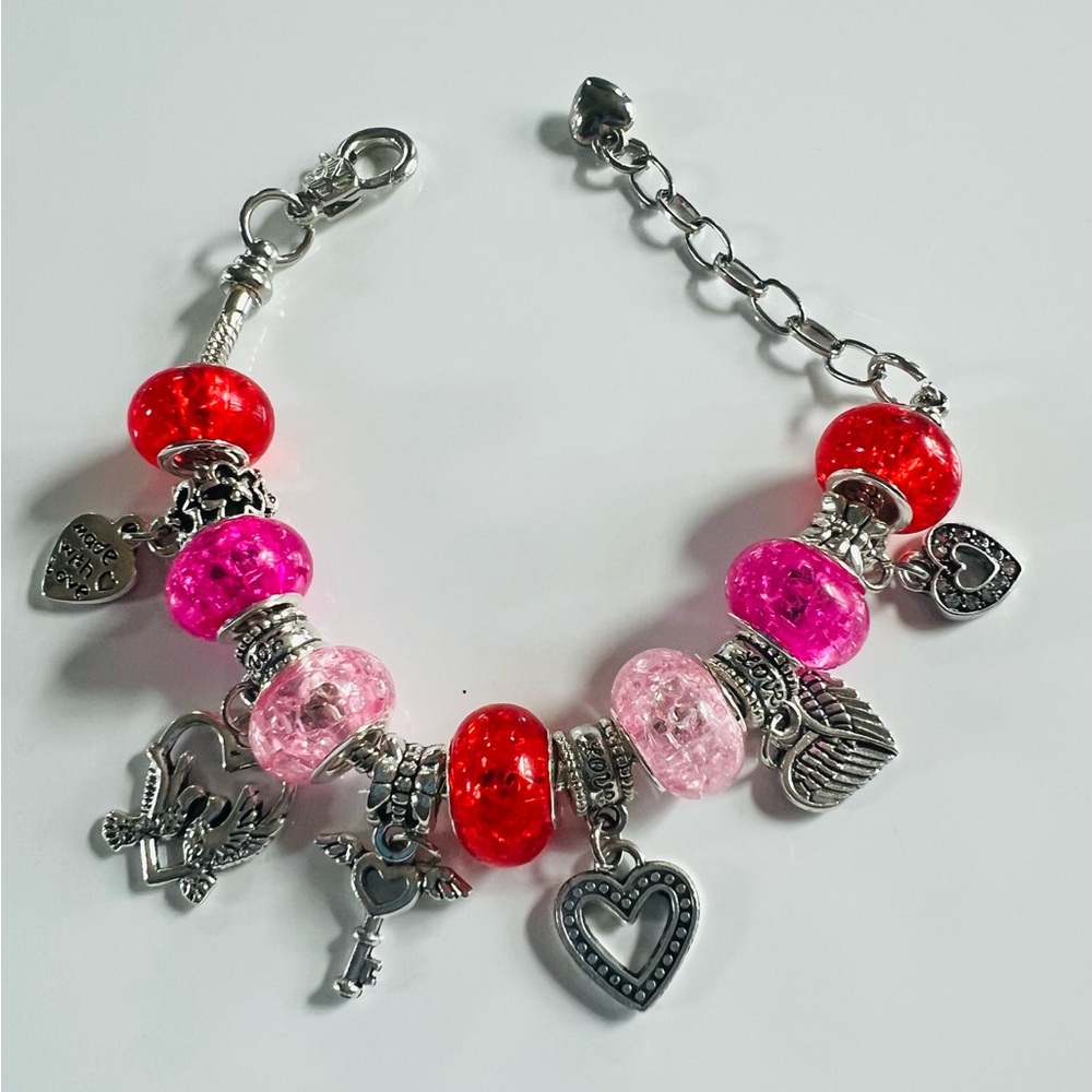 Silver Charm Bracelet with Red and Pink Beads